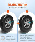 Two-step guide showcasing how to install ✝️ (2-pack) 10" x 2.5" solid rubber tire wheels with 5/8" bearings for easy setup.