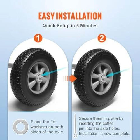 Two-step guide showcasing how to install ✝️ (2-pack) 10" x 2.5" solid rubber tire wheels with 5/8" bearings for easy setup.