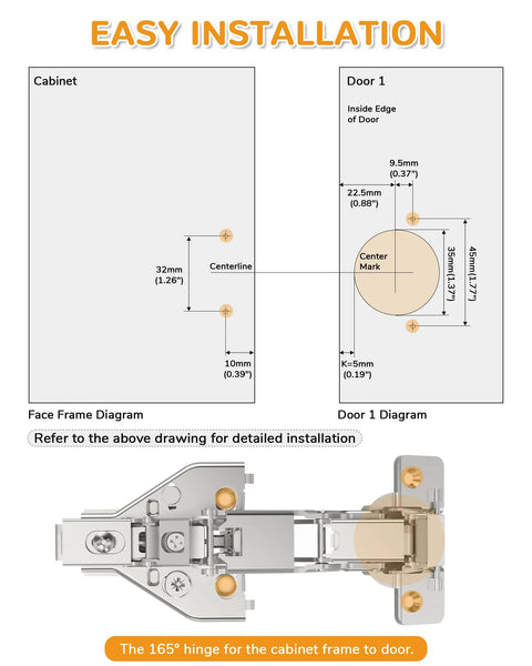 Diagram of 2 Pack 165 Degree Soft Close Kitchen Corner Hinges for face frame cabinets with measurement details