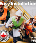 Team with hard hats discussing 10x10 Flush Steel Access Panel installation. Made in Canada badge. Focus on easy installation and teamwork.