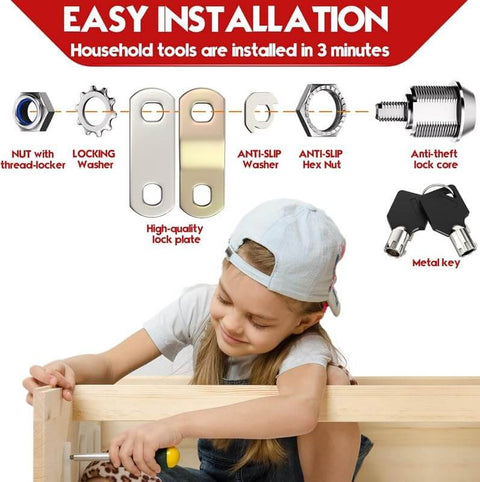 Child installing Six Pack Cam Lock Set With Keys For Toolbox Cabinet Mailbox And RV Storage Keyed Alike Durable Zinc Alloy Construction Anti Corrosion Finish