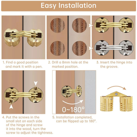 Installation guide for Hidden Brass Barrel Hinges Set with 8 mm drill bit for jewelry boxes, featuring step-by-step instructions.