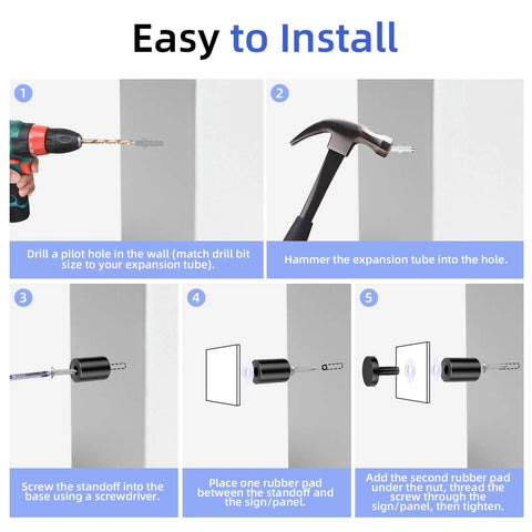 Installation guide for Standoff Screws Three Quarters Inch Diameter By One Inch Length Stainless Steel Black 20 Pack With 80 Mounting Accessories For Acrylic Signs Picture Hanging Frame Spacers Suitable For Panels Up To One Half Inch Thick.