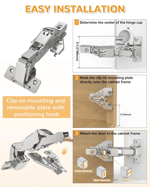 Easy installation of 2 Pack 165 Degree Soft Close Kitchen Corner Hinges For Face Frame Cabinets with clip-on plate and hidden face mount.