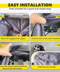 Easy installation steps for Dual Spinner Luggage Wheels Replacement Kit for Suitcase with Left and Right Silver Casters.