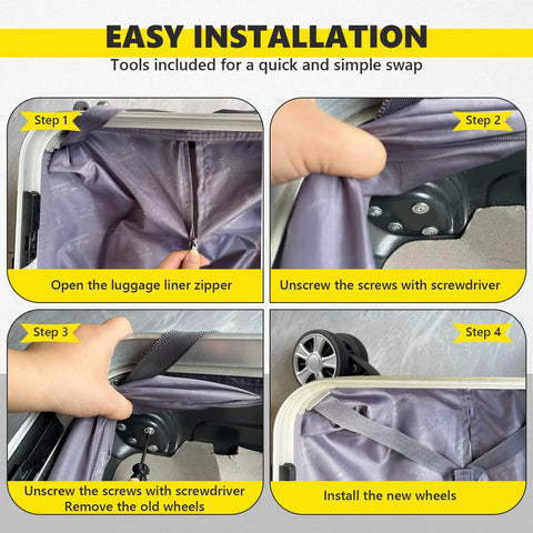 Easy installation steps for Dual Spinner Luggage Wheels Replacement Kit for Suitcase with Left and Right Silver Casters.