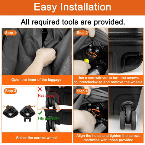 Easy installation guide for Wheels Replacement Kit for Samsonite Freeform Hardside Carry On Suitcase with Left and Right Spinner Wheels.