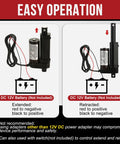 Diagram showing easy operation of heavy duty linear actuator 12V with battery connections for extend and retract mode.