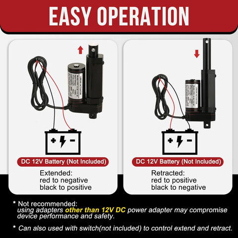 Diagram showing easy operation of heavy duty linear actuator 12V with battery connections for extend and retract mode.