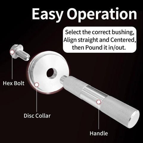 Hex bolt, disc collar, and handle from 10 Piece Bearing Press Kit With Universal Bearing Race And Seal Driver Set Including 9 Adapters 39.5mm 44.5mm 50mm 59mm 63mm 65mm 72mm 76mm 81mm And Seal Driver For Automotive Bearing Installation Blue