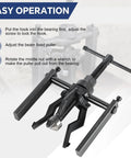 Three Jaw Inner Bearing Puller Set for Blind and Pilot Bearings showing easy operation steps and tool features.