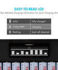 Close-up of 8 Bay LCD Fast Charger For NiMH NiCD AA And AAA Batteries With 1000mAh AAA Pack showing LCD status indicators.
