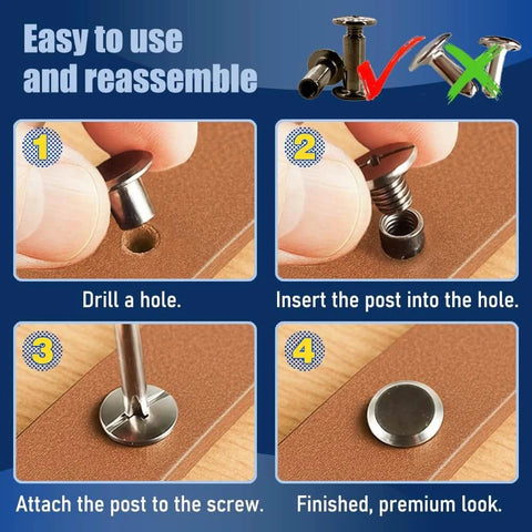 Step-by-step guide using 130 Sets Gunmetal Black Chicago Screws Leather Rivets Kit for easy assembly in leather projects.