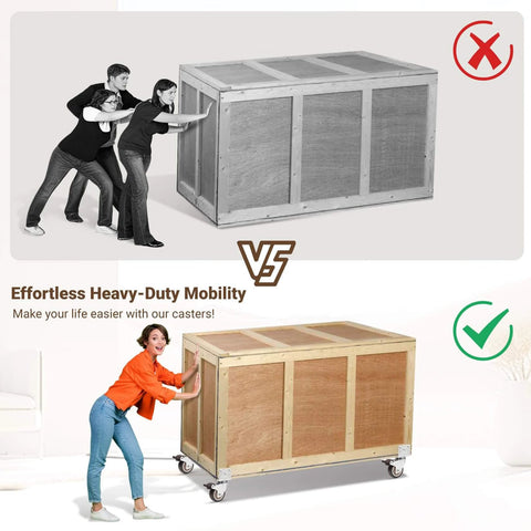 Comparison of pushing a box with and without 2 Inch Side Mount Casters Set of 4 L Shaped Silent Rubber Swivel Wheels with Brakes 600 Lbs Load Capacity Locking Castors for Furniture Cribs Tables Cabinets and Kitchen Use