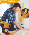 Worker using magnetic 9 inch torpedo level with three vials at 45 90 and 180 degrees for hanging pictures shelving and home renovations