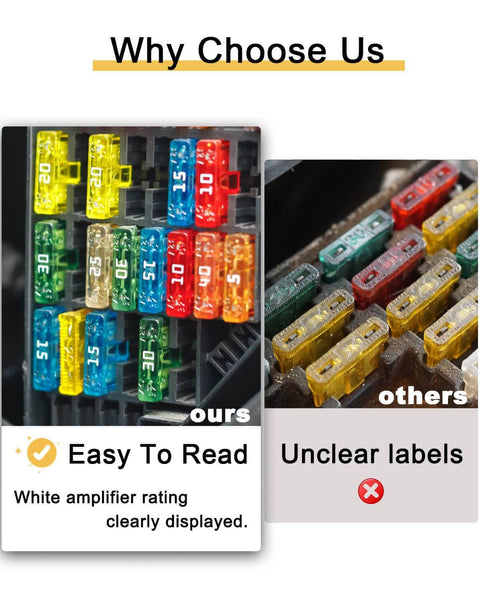 Comparison of clear vs unclear label car fuses, showcasing 50 Pack 3A Standard Blade Car Fuses for 12V and 24V systems with 32V rating.