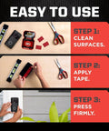 Steps for using Extreme Mounting Strips Double Sided Heavy Duty Tape 16 Pack 1 in by 3 in, showing cleaning, applying, and pressing.