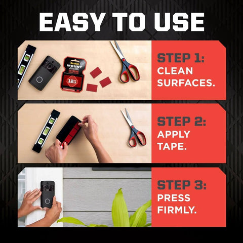 Steps for using Extreme Mounting Strips Double Sided Heavy Duty Tape 16 Pack 1 in by 3 in, showing cleaning, applying, and pressing.