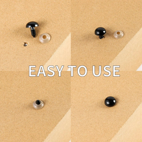 Step-by-step installation of Safety Eyes Kit 8 Sizes 6 To 18mm With Washers For Amigurumi And DIY Crafts on a surface.