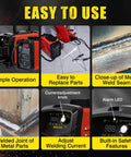 Instructional collage showing features of 200 Amp Arc Welder Kit for home and DIY, includes close-up of weld seam and knob for current adjustment.