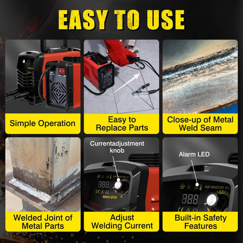 Instructional collage showing features of 200 Amp Arc Welder Kit for home and DIY, includes close-up of weld seam and knob for current adjustment.