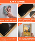 Steps showing how to use Double Sided Tape Heavy Duty Mounting Tape 1.18 Inch By 10 Feet Nano Adhesive for picture frames.
