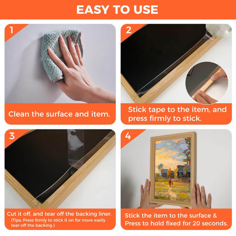 Steps showing how to use Double Sided Tape Heavy Duty Mounting Tape 1.18 Inch By 10 Feet Nano Adhesive for picture frames.
