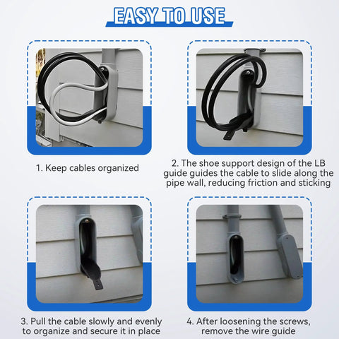Steps for using LB Wire Guide for 2 Inch Fittings, showing installation and cable management process on building exterior.