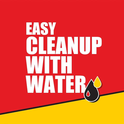 Graphic of easy cleanup with water message in white text on red and yellow background.
