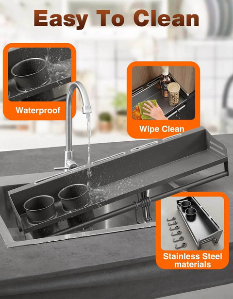 Easy-to-clean stainless steel sink with waterproof design, utensil holder, and wipe-clean feature, showcasing durability and ease of maintenance.