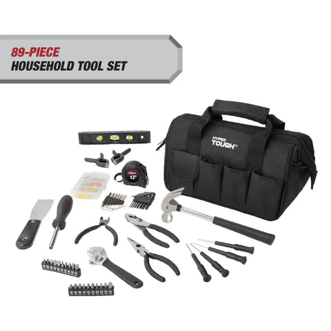 89-Piece Black Household Tool Set With 12 Pocket Tool Bag For Home DIY Projects And Everyday Repairs, a durable, portable kit.