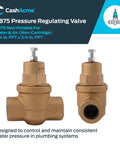 Front and side view of Performance Driven Three Quarters Inch EB75 FPT To FPT Pressure Regulator Valve With 45 PSI Setting For Tight Spaces