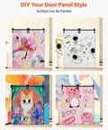 DIY door panel styles with colorful custom designs, including abstract, adventure, cat, and cute pig themes.