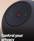 Close-up of Echo Dot Max Graphite Finish with Alexa Built In for room filling sound and deeper bass showing microphone control.