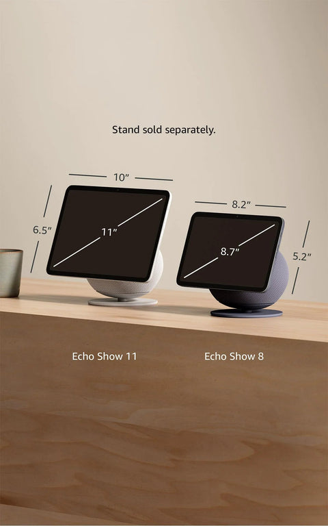 Echo Show 11 with 11-inch display next to Echo Show 8 on wooden shelf; Latest 11 Inch Smart Display With Full HD Touchscreen Providing 60 Percent Larger Viewing Area And Built In Smart Home Hub Powered By AZ3 Pro Chip With Omnisense And Spatial Audio For Alexa Plus Graphite.