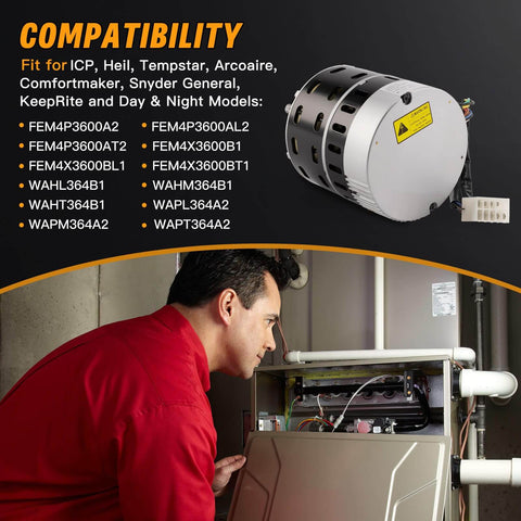 1/2 HP ECM X13 Furnace Blower Motor 6205E 208/230V 3.8A 1050RPM Replacement For American Standard, Trane, Carrier And ICP Systems shown in installed position above compatibility list with technician inspecting furnace