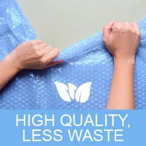 Hands stretching blue bubble wrap sheet with eco-friendly icon, highlighting 175 Feet Recycled Small Plus Bubble Wrap Roll 3/16 Bubbles Eco Friendly Packing Shipping By American Bubble Boy.