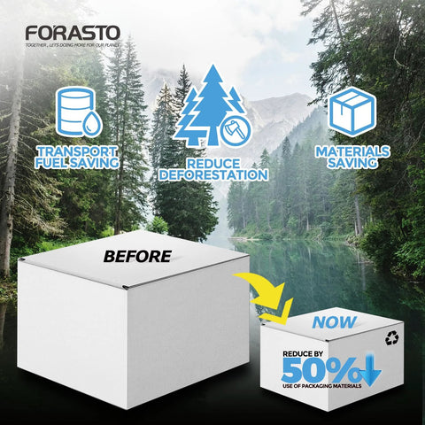 Infographic showing packaging benefits with trees and boxes, highlighting transport fuel savings, reduced deforestation, and material savings.