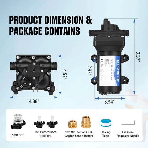 ECO-WORTHY 110V AC Fresh Transfer Diaphragm Water Pump On Demand 5.5GPM 70PSI High Pressure Water Booster Pump dimensions and package contents