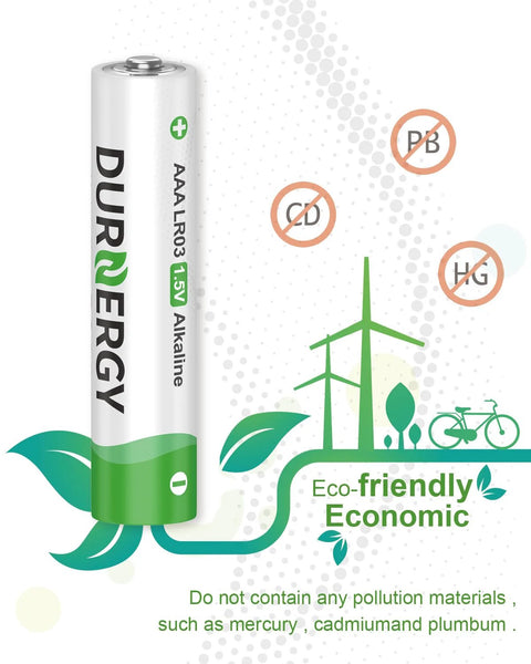 Eco-friendly AAA alkaline battery shown with symbols of sustainability and pollution-free materials from AA And AAA Battery Combo Pack 102 Count Alkaline 1.5V For Remotes.