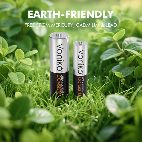 AA and AAA Battery Combo Pack 24 Count 1.5V Premium Alkaline Long Lasting Power shown in grass, labeled as earth-friendly.