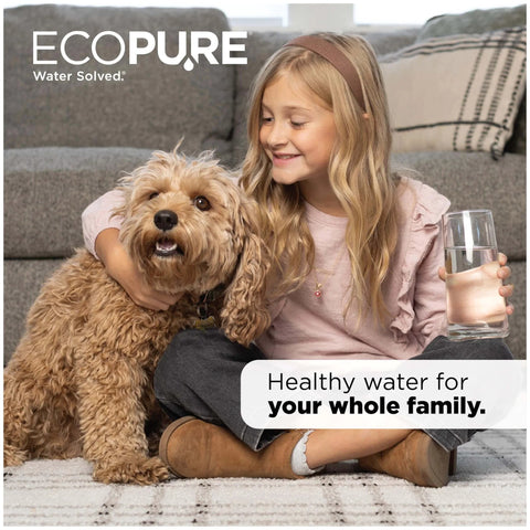 Girl with dog holding glass of water, EcoPure EPINL30 Five Year In Line Refrigerator Water Filter Universal Fit For Most Fridges Ice Makers RVs And Boats