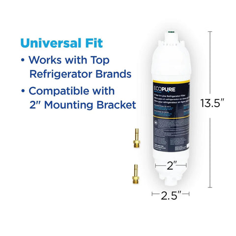 EcoPure EPINL30 Five Year In Line Refrigerator Water Filter Universal Fit dimensions and features