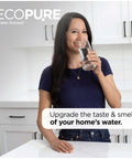 EcoPure EPINL30 Five Year In Line Refrigerator Water Filter user enjoying improved water quality in modern kitchen setting