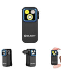 Four views of the OLIGHT Oclip Pro EDC Clip On Light Rechargeable 500 Lumens With Three Lighting Modes USB C Charging Magnetic Clip, black.