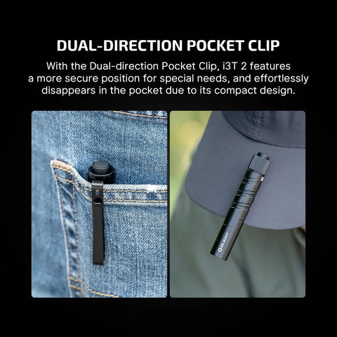 Ultra compact EDC flashlight delivers up to 200 lumens with a clear 62 meter beam, ideal for camping, hiking, shown clipped to pocket.