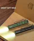 Ultra compact EDC flashlight delivers up to 200 lumens with a clear 62 meter beam, ideal for camping on book page.