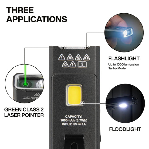 Rechargeable EDC pocket flashlight with a precise green laser delivers up to 1000 lumens in Turbo, three brightness modes
