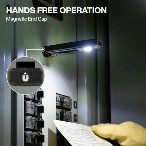 Rechargeable EDC pocket flashlight with a precise green laser delivers up to 1000 lumens in Turbo, magnetic end on metal panel.