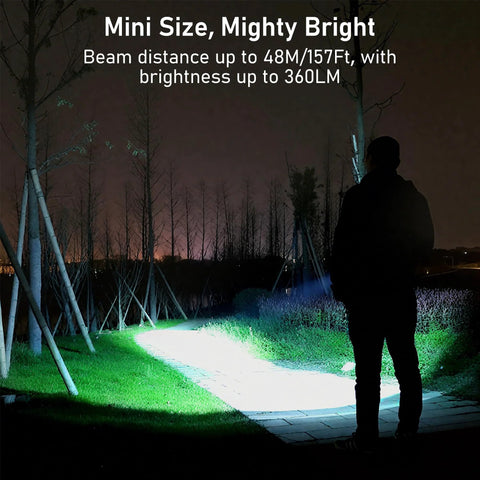 Person using Rechargeable EDC Flashlight With USB C Port, 360 Lumen Mini Keychain Light at night, illuminating a path